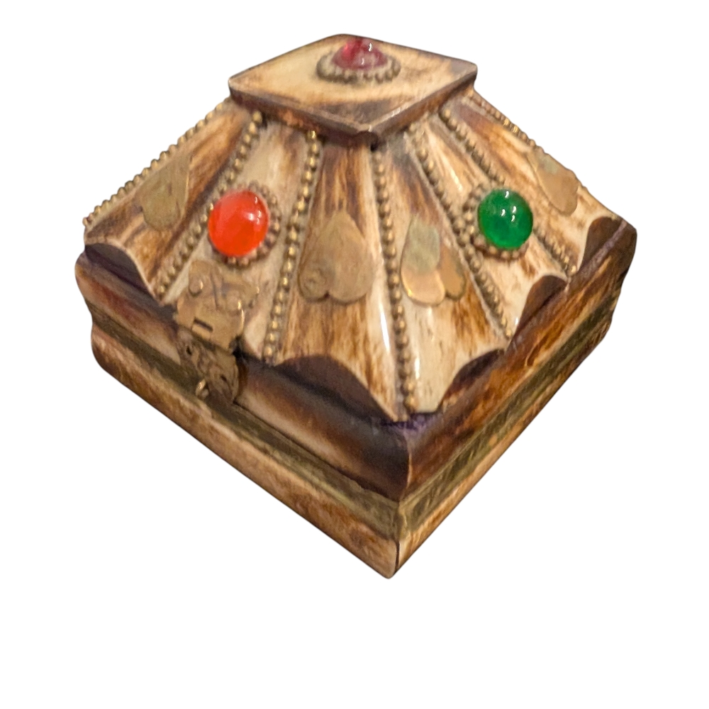 Vintage Trinket Box with Possible Camel Bone Inlay, Brass Fittings Purple Lining - Picture 9 of 13